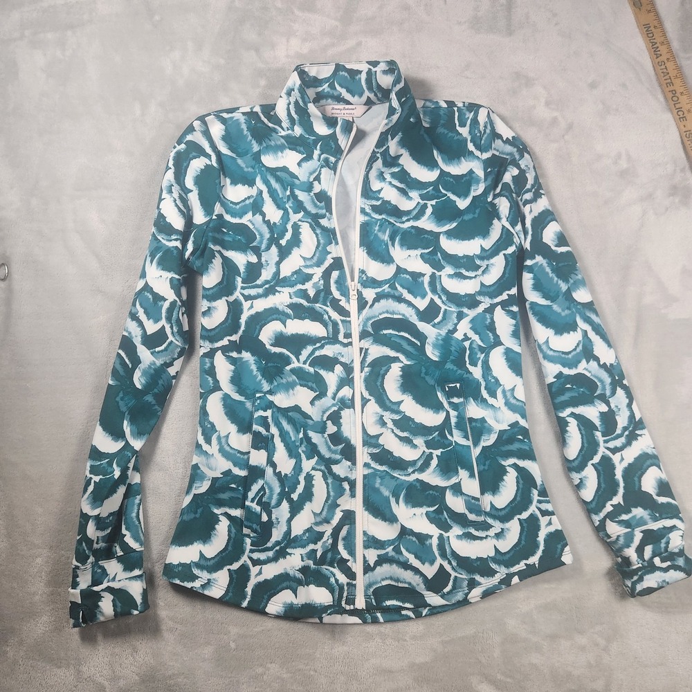 Tommy Bahama Jacket Womens S Green‎ White Active Full Zip Stretch Floral Tennis